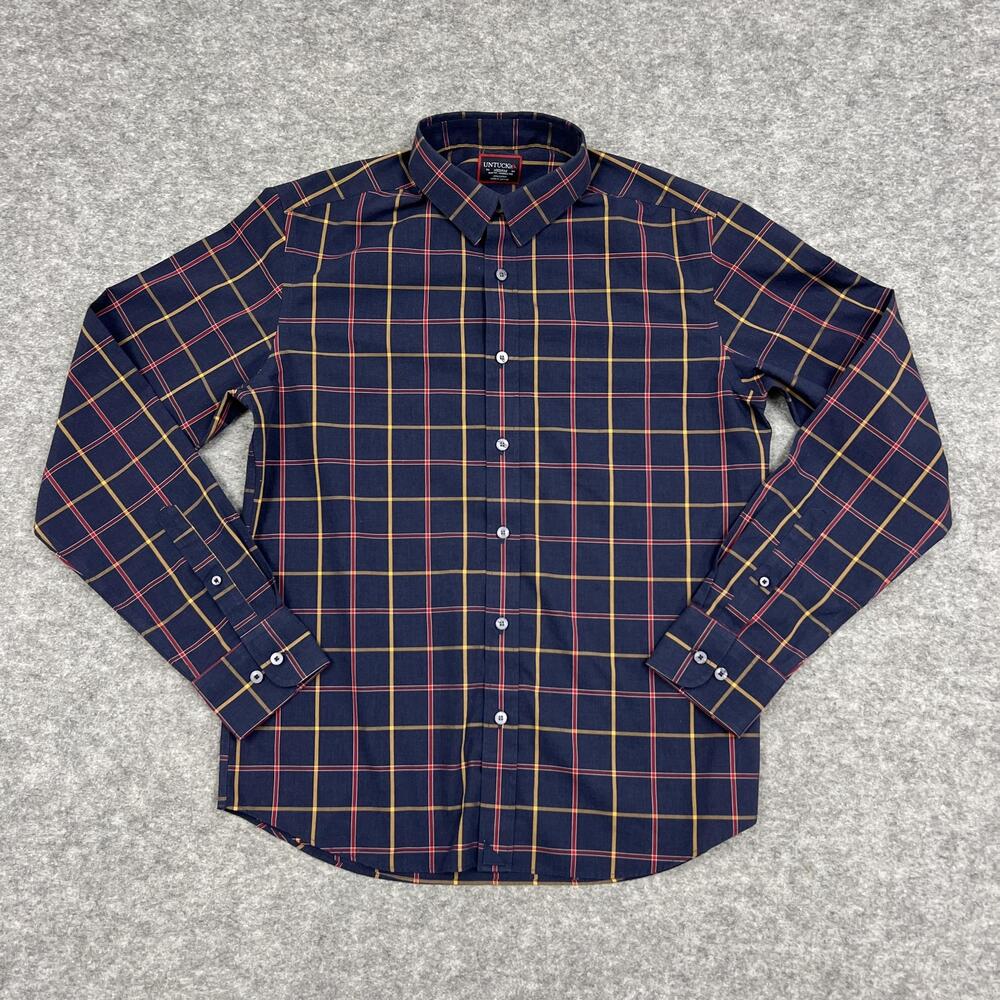 UNTUCKit Shirt Mens M Blue Plaid Button Up Long Sleeve Slim Wrinkle Free Casual